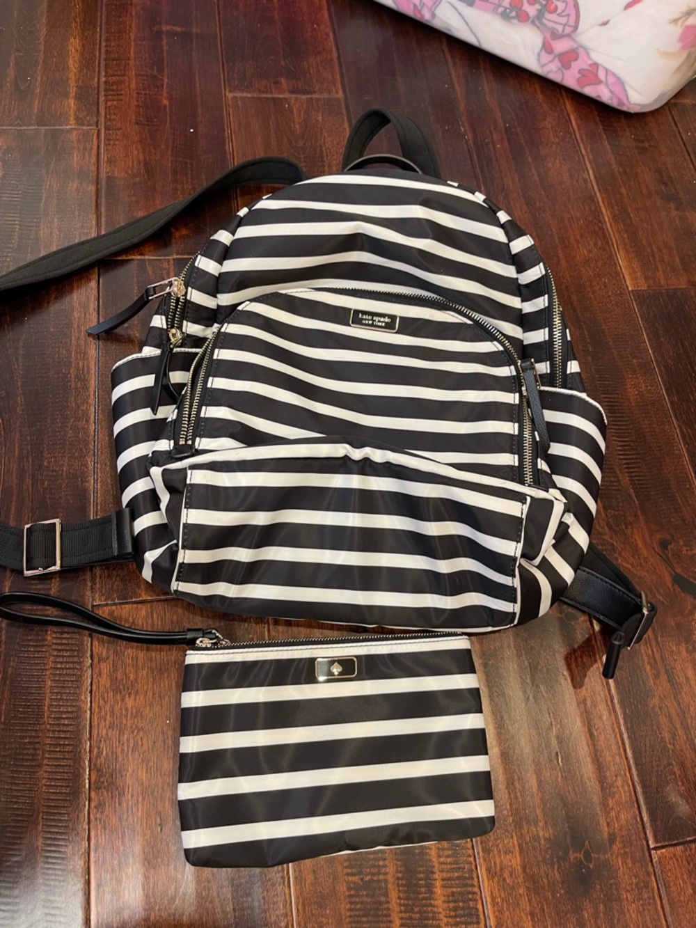 kate spade black and white striped backpack with matching pouch